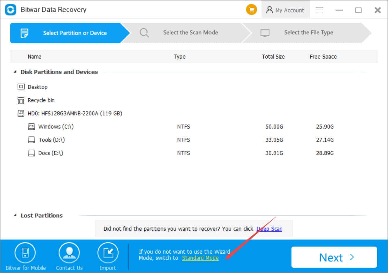 Bitwar Data Recovery Software 6.35 standard mode