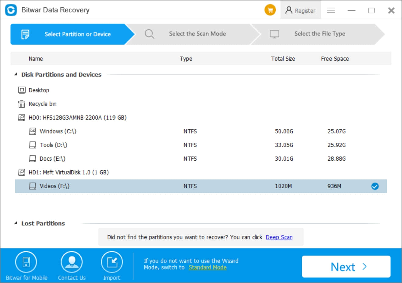 Videos recovery- Select the partition