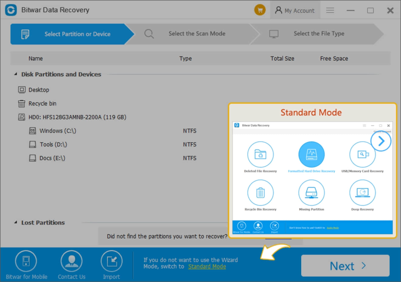 Bitwar Data Recovery Ballon Tooltips