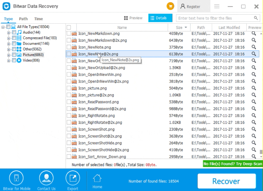 Mouse Drag - Bitwar Data Recovery Multiple File Selection